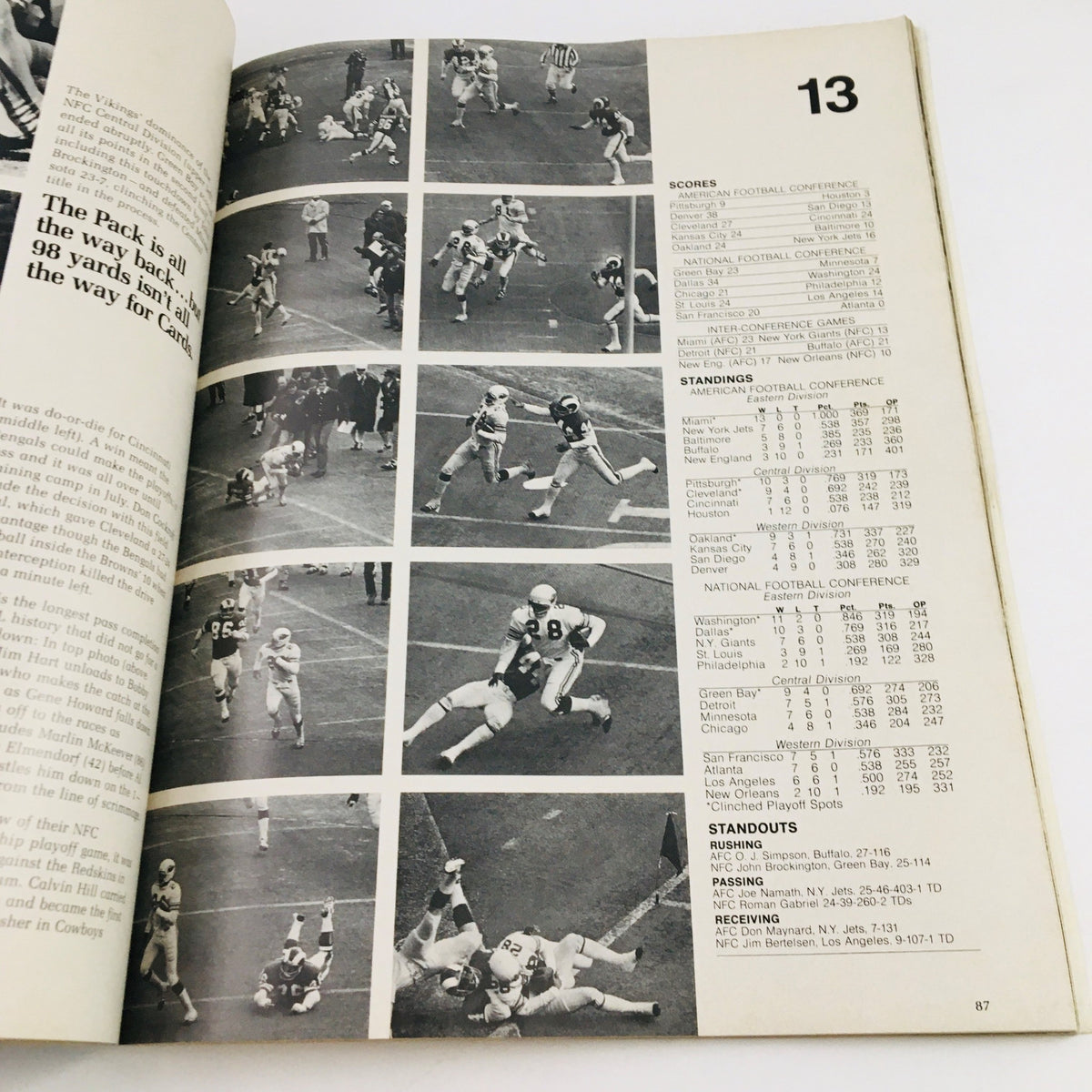 Page 13 of ProLog Official NFL Annual 1973 Magazine featuring game highlights, scores, and standings from the NFL season.