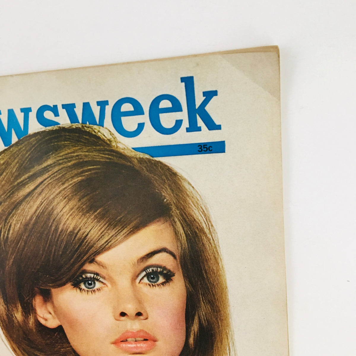 Cover of Newsweek Magazine from May 10, 1965, featuring Jean Shrimpton with iconic 1960s hairstyle and bold makeup. Vintage collectible magazine showcasing a pivotal moment in fashion and media history.
