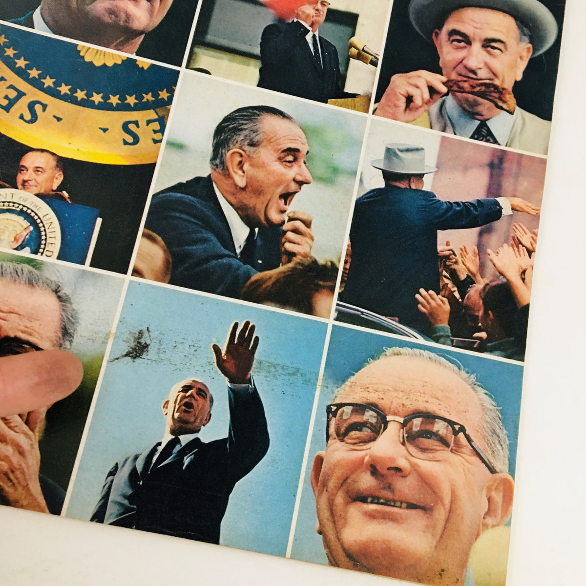 Collage of images featuring Lyndon B. Johnson from the August 2, 1965 edition of Newsweek Magazine, illustrating his political presence and activities during his presidency. Highlights include Johnson speaking at a podium, engaging with the public, and showcasing his charismatic personality.