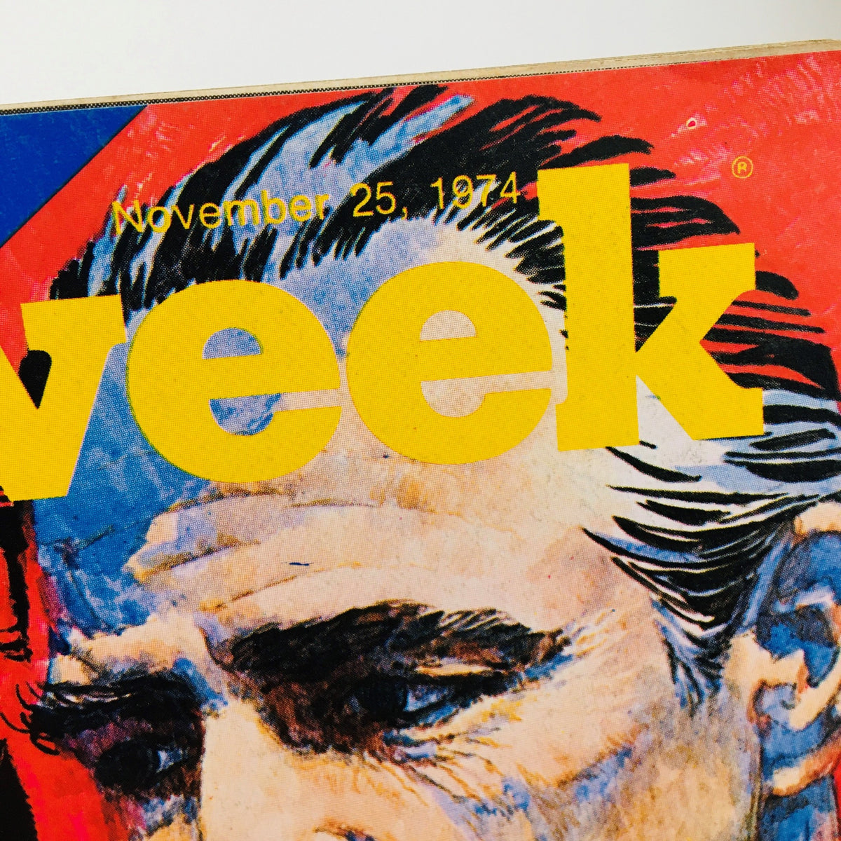 Close-up of the Newsweek Magazine publication date November 25, 1974, showcasing the bold lettering and design associated with the iconic magazine features.