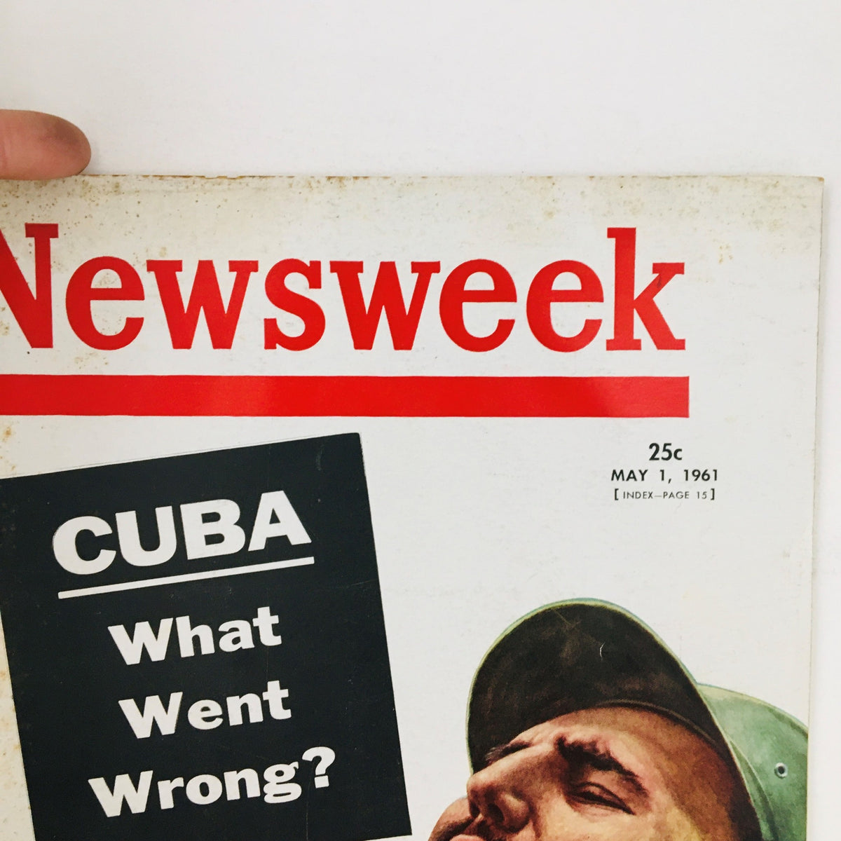 Detail of Newsweek Magazine cover from May 1, 1961, featuring the headline 'Cuba: What Went Wrong?' with Fidel Castro's portrait, emphasizing historical political significance.
