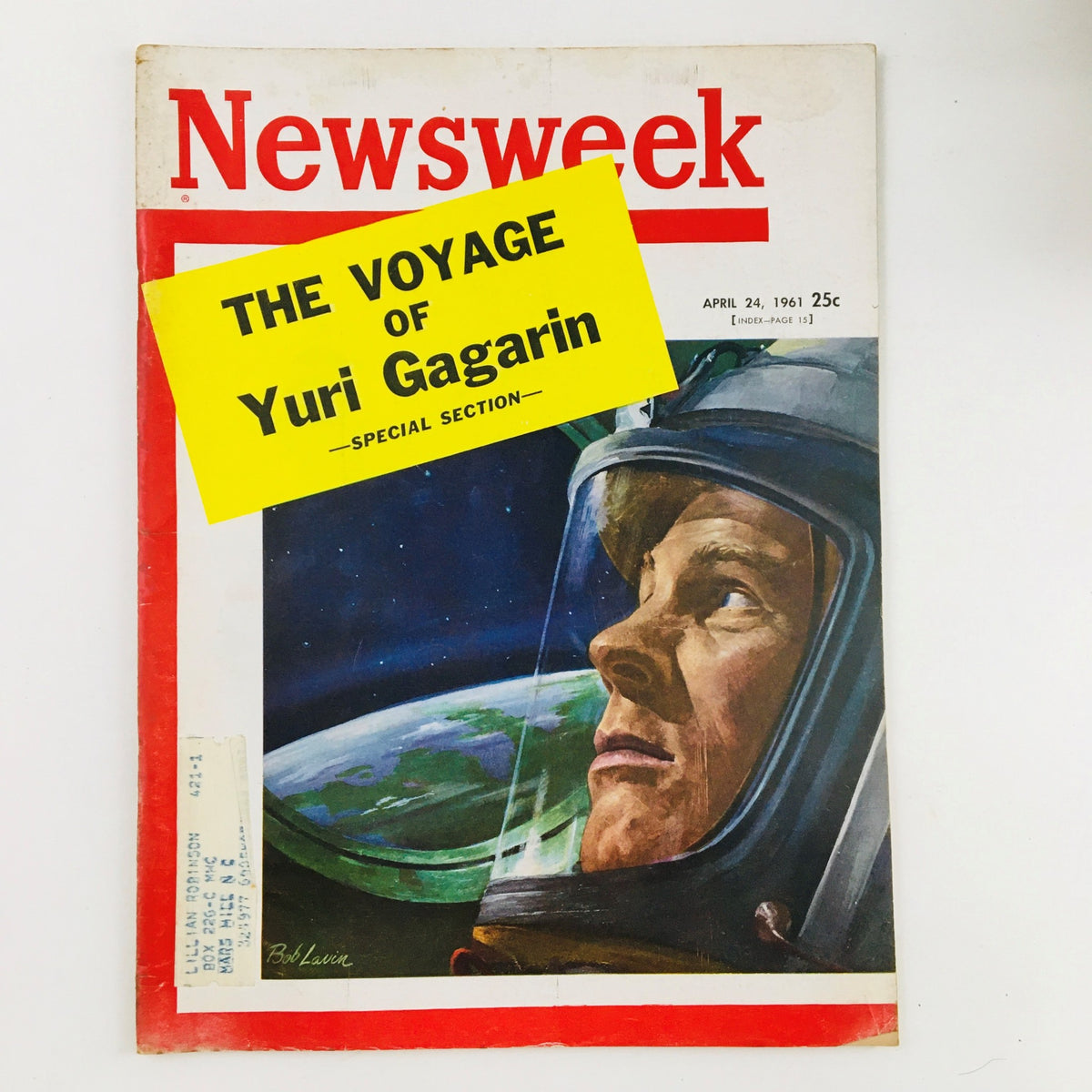 Newsweek Magazine April 24 1961 cover featuring 'The Voyage of Yuri Gagarin' special section with an illustration of an astronaut looking up in space.
