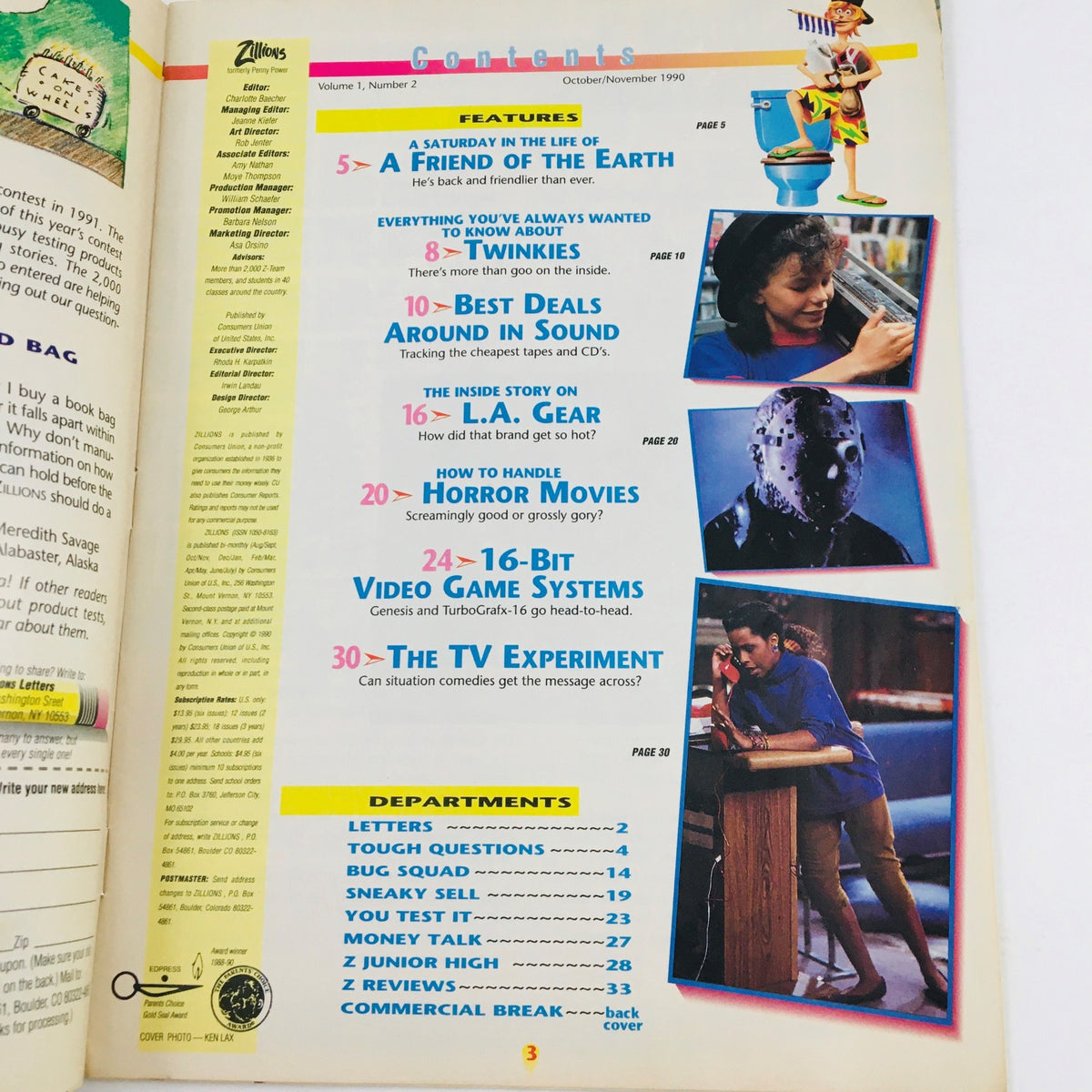 Contents page of Zillions Magazine, October-November 1990 issue featuring articles on video game systems, LA Gear, and horror movies, highlighting 'Genesis vs Turbografx How They Compare'.