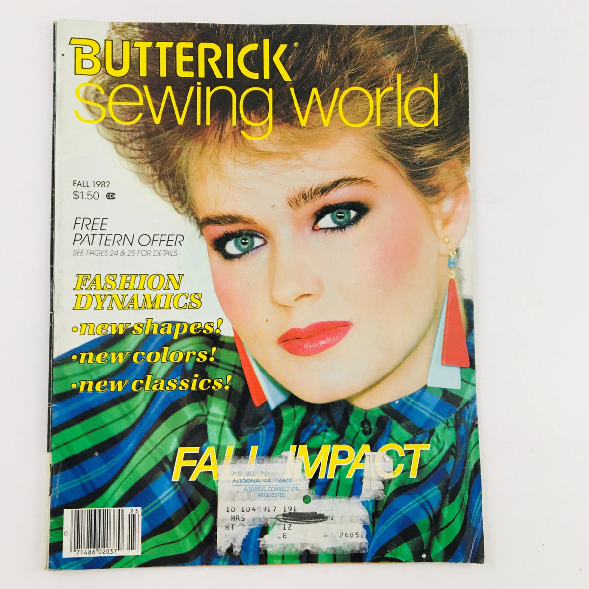Cover of Butterick Sewing World Magazine Fall 1982, featuring the title and prominent model with bold makeup, showcasing fashion dynamics, new shapes, colors, and classics.