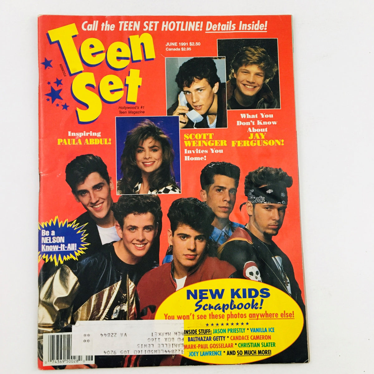 Cover of Teen Set Magazine from June 1991 featuring Paula Abdul, Scott Weinger, Jay Ferguson, and New Kids on the Block, showcasing bright colors and iconic designs of the early '90s.