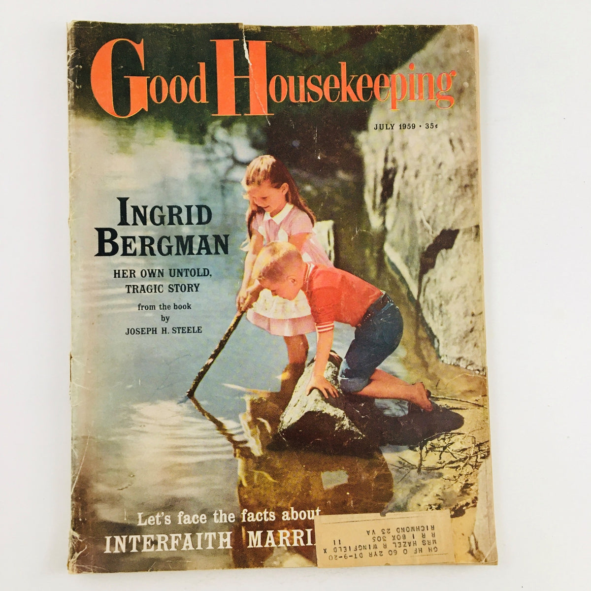 Cover of Good Housekeeping Magazine from July 1959 featuring Ingrid Bergman, her untold tragic story, and children by the water.