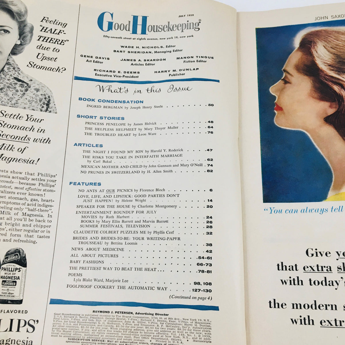 Inside page of July 1959 Good Housekeeping Magazine showcasing the table of contents, including an article on Ingrid Bergman.