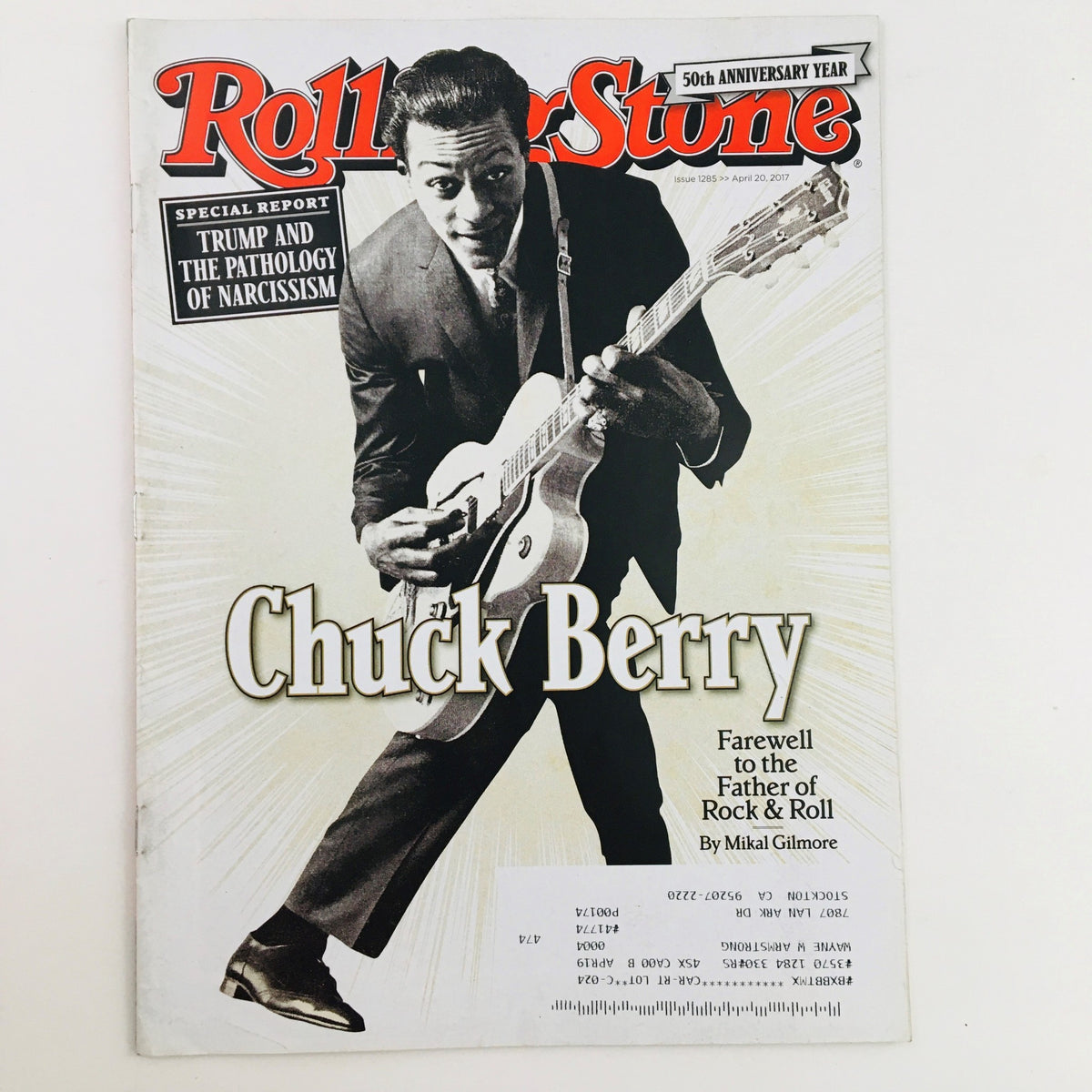 Rolling Stone Magazine cover from April 20, 2017 featuring a tribute to Chuck Berry, the Farewell Father of Rock & Roll, in a black and white photograph of Berry playing guitar.