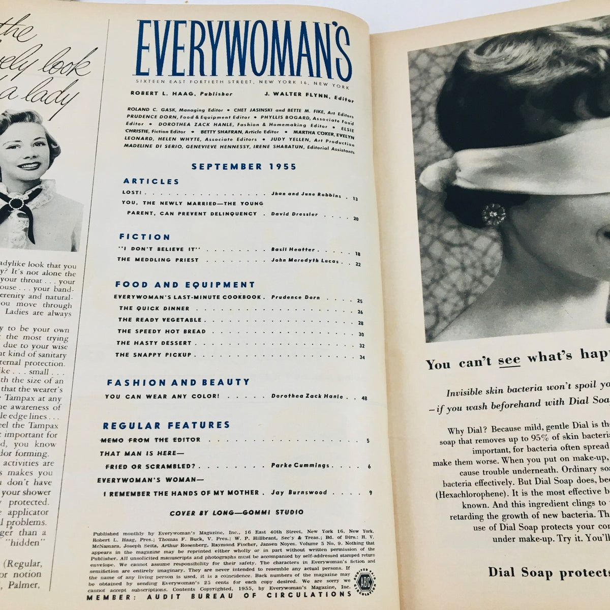 Inside page of VTG Everywoman's Magazine September 1955 showing the table of contents and articles, including Last-Minute Cookbook and fashion tips.