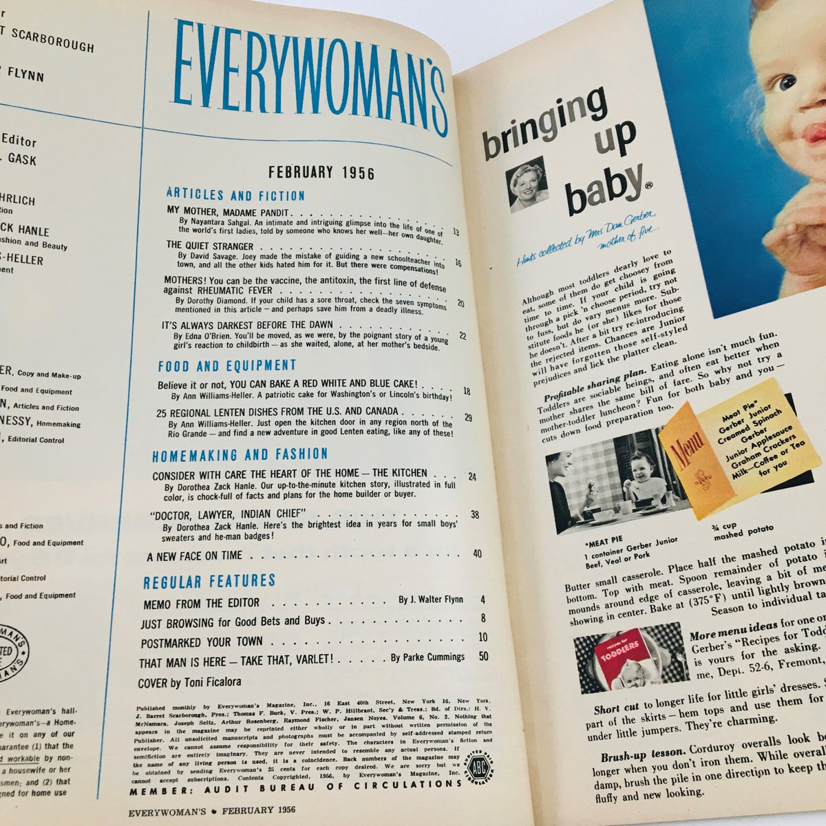 Interior page of VTG Everywoman's Magazine February 1956 highlighting articles and features, including a section on baking a Red White and Blue Cake.