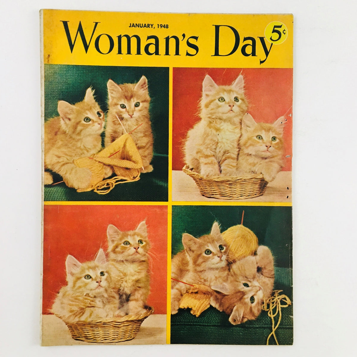 Cover of Woman's Day Magazine January 1948 featuring adorable kittens playing with yarn, exemplifying the charm and nostalgia of vintage publications.