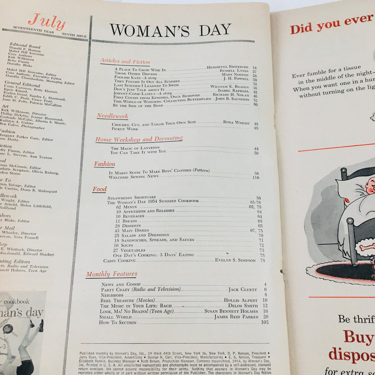 Inside page from Woman's Day Magazine July 1954 showcasing the table of contents and features of the 1954 Summer Cookbook, highlighting articles on food, home workshops, and fashion.