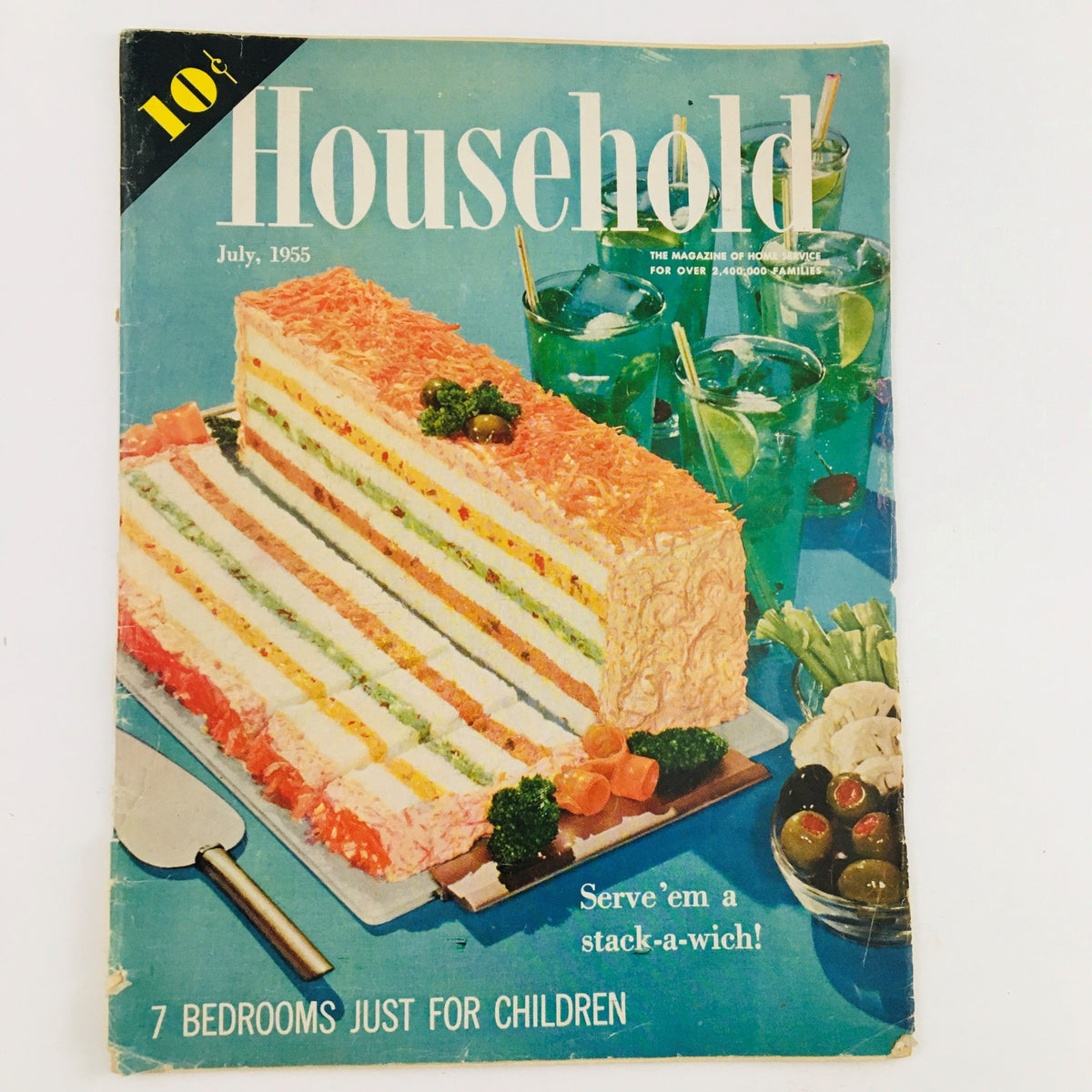 Cover of Household Magazine July 1955 featuring a colorful layered sandwich and drinks.
