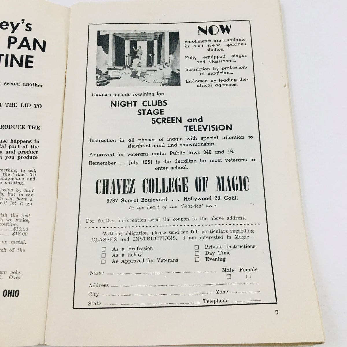 Interior page of The Linking Ring Vol. 31 No. 1 showcasing an advertisement for Chavez College of Magic, promoting magic training courses.