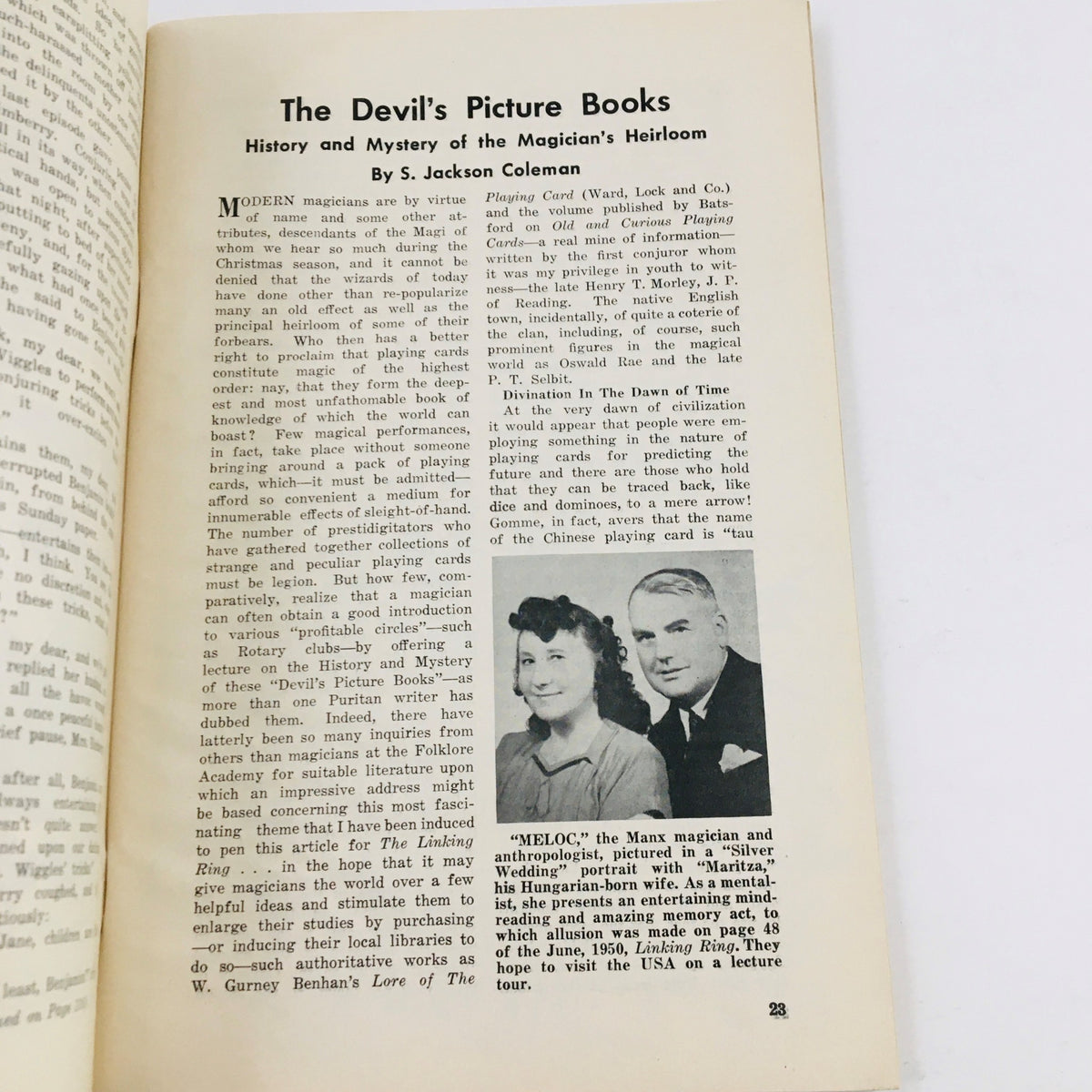 Interior page of The Linking Ring Vol. 31 No. 10 December 1951 discussing the history of magic and featuring an image of magicians.