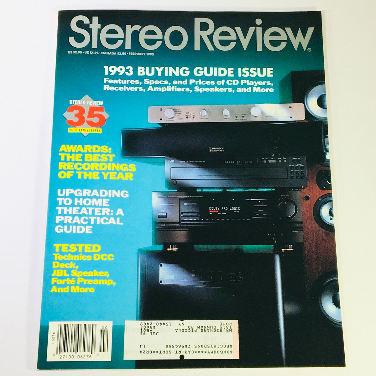 Cover of Stereo Review Magazine from February 1993 featuring the title 'Stereo Review Magazine February 1993 - Technics DDC Deck & JBL Speakers Tested'. The cover highlights a 1993 buying guide issue with awards for best recordings and a practical guide for upgrading to home theater. Visuals include various audio equipment.
