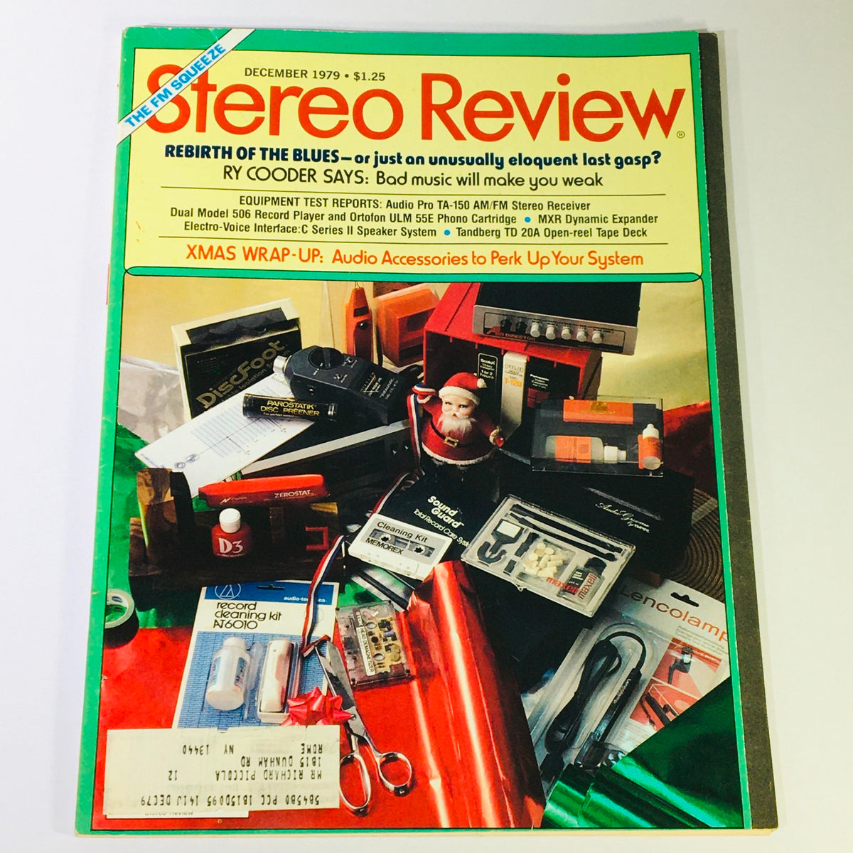 Cover of Stereo Review Magazine, December 1979, featuring the Audio Pro TA150 AM/FM Stereo Receiver, showcasing various audio accessories and a festive theme.