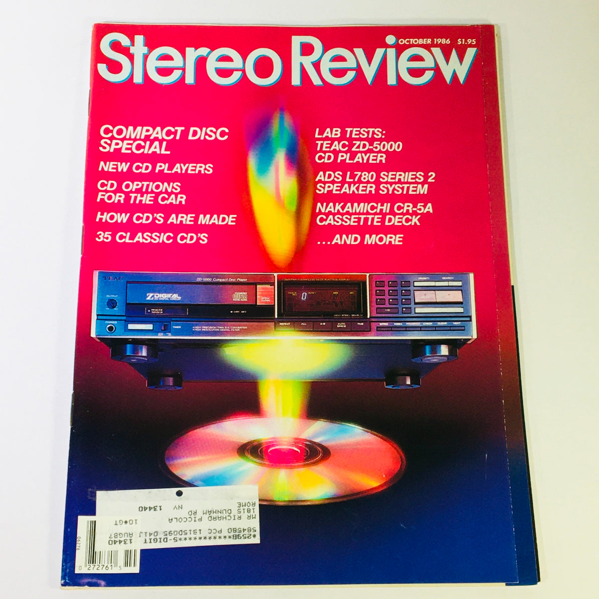 Cover of the VTG Stereo Review Magazine from October 1986 featuring the Teac ZD-5000 CD Player lab test, with visuals highlighting compact disc technology and audio gear. This vintage magazine issue captures the evolution of music technology.