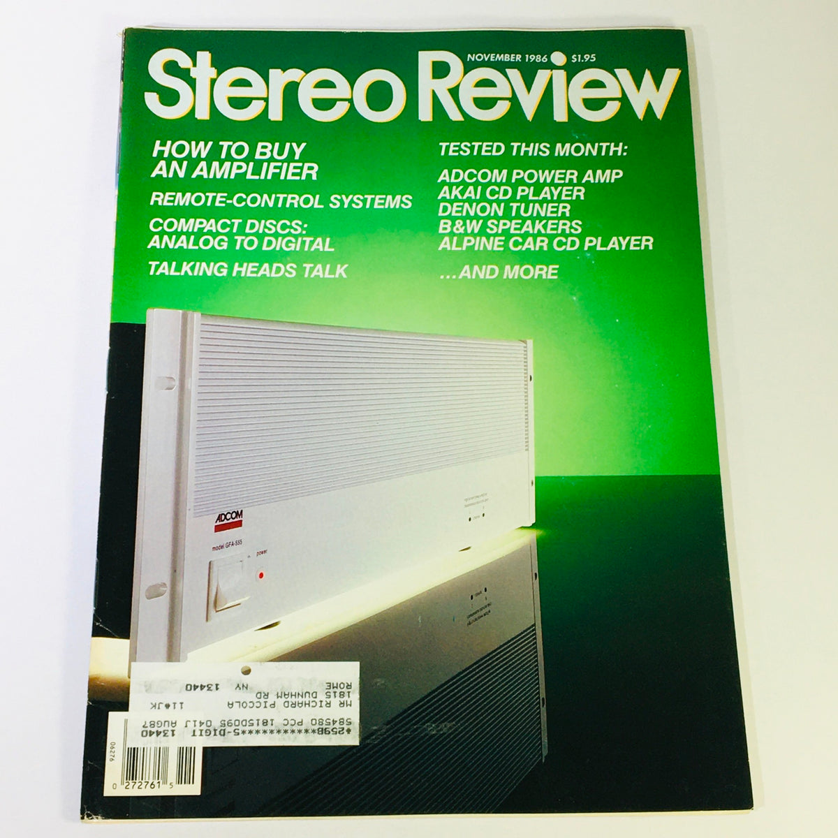 Cover of the Stereo Review Magazine from November 1986 featuring reviews of the Adcom Power Amplifier and Akai CD Player, with a green background and product images.