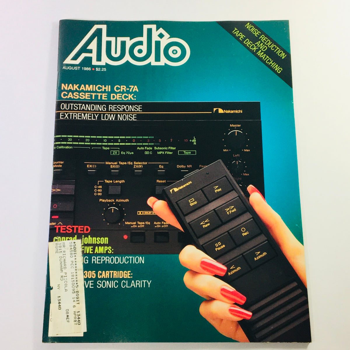 Vintage Audio Magazine August 1986 featuring Nakamichi CD-7A Cassette Deck on the cover, showcasing its outstanding response and extremely low noise features, with a colorful design and a hand showing the remote control.