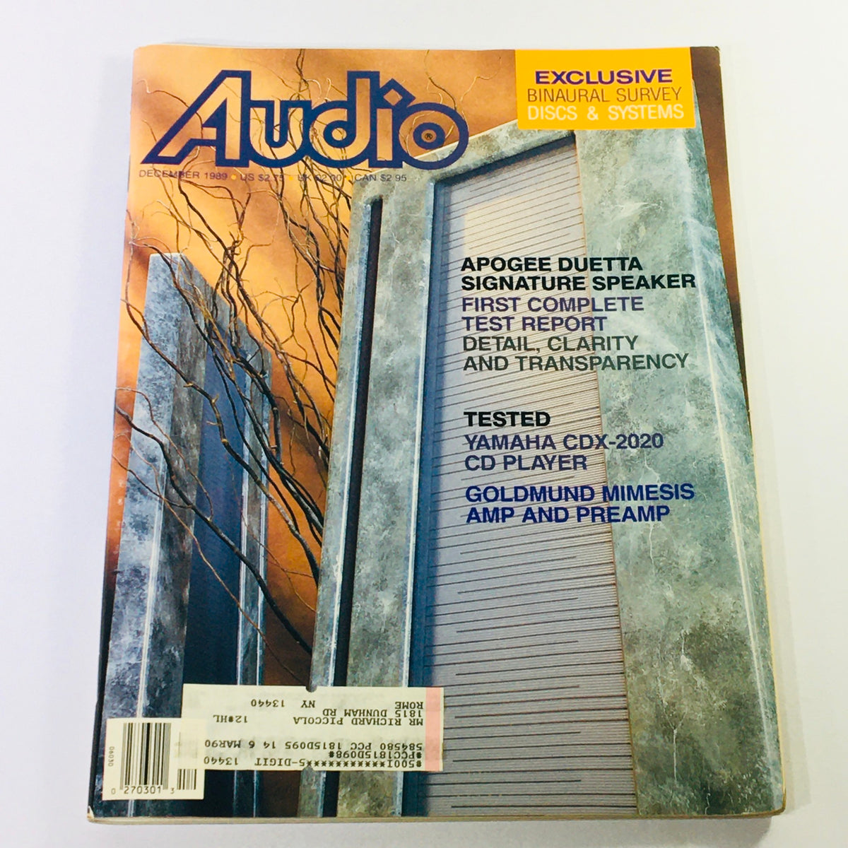 Cover of the December 1989 issue of VTG Audio Magazine featuring the Yamaha CDX-2020 and Goldmund Mimesis Pre Amp, highlighting audio technology advancements with an artistic background design.