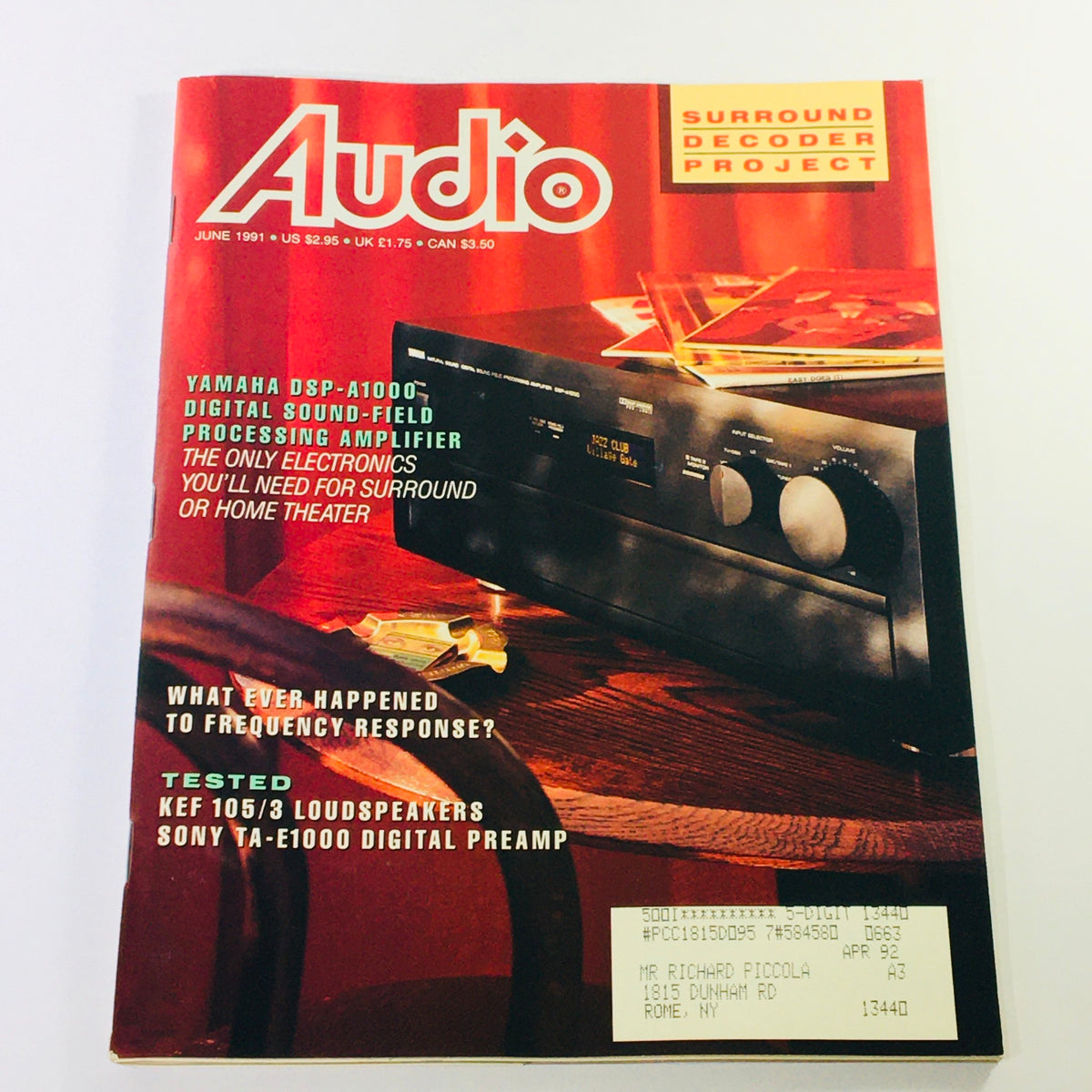 Cover of Audio Magazine from June 1991 featuring the Yamaha DSP-A1000 Digital Sound-Field Processing Amplifier. The cover highlights audio electronics for surround or home theater, along with articles on frequency response and loudspeaker testing.