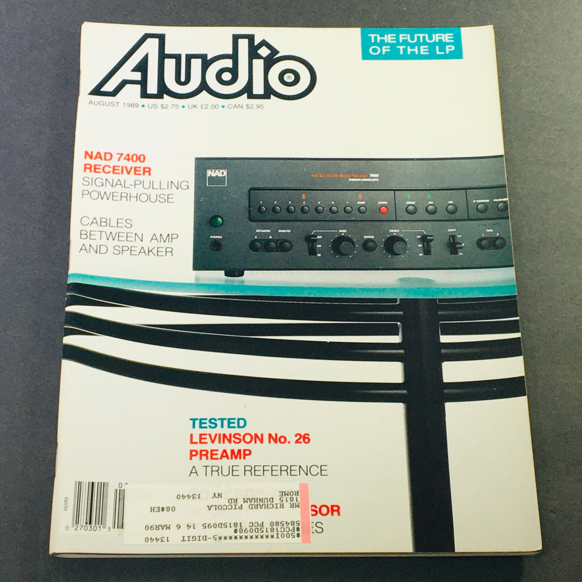 Cover of the VTG Audio Magazine August 1989 featuring the NAD 7400 Receiver and Levinson #26 Preamplifier, showcasing their significance in audio technology.