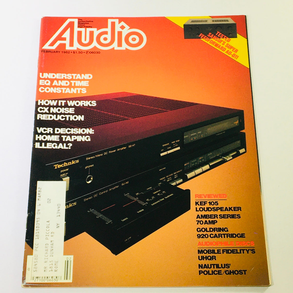 Vintage Audio Magazine cover from February 1982 featuring KEF 105 Loudspeakers and Amber Series 70 Amplifier, showcasing Technics audio equipment with a bright orange background, highlighting relevant audio articles.