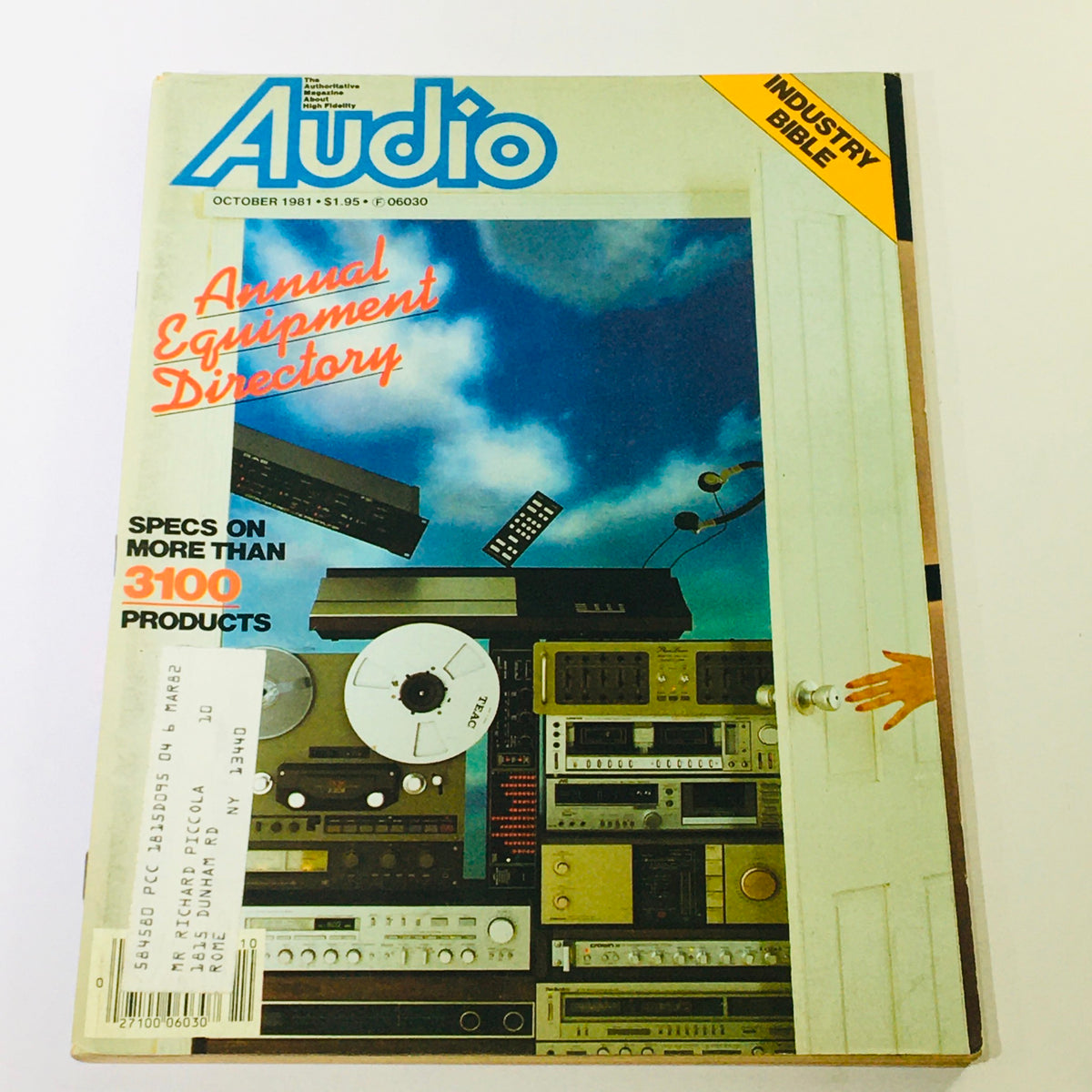 Cover of the VTG Audio Magazine from October 1981, featuring the title 'Annual Equipment Directory' with a tagline 'Specs on More Than 3100 Products', accompanied by images of audio equipment and a hand reaching for a doorknob.