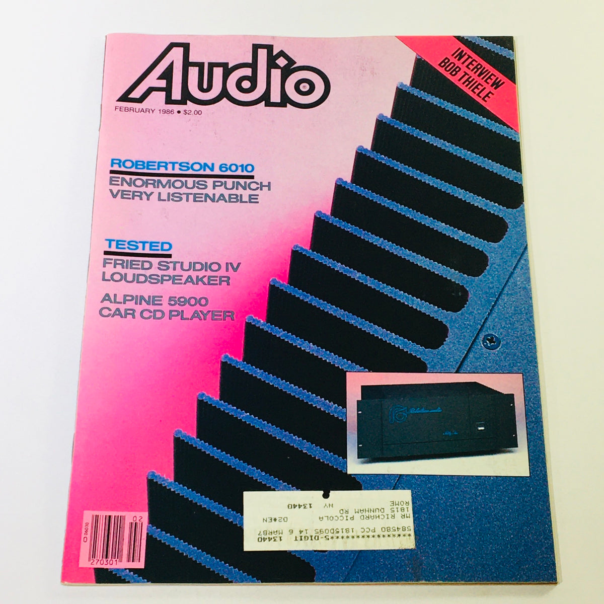 Cover of VTG Audio Magazine February 1986 featuring Robertson 6010, Fried Studio IV Loudspeaker, and Alpine 5900 Car CD Player. The pink design and bold text highlight audio reviews and an interview with Bob Thiele.