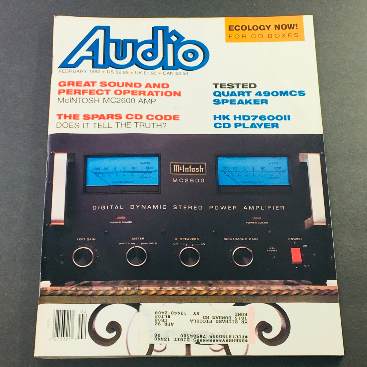 Cover of Audio Magazine February 1992 featuring the Quart 490MCS Speaker and HK HD7600II CD Player, with additional highlights on McIntosh MC2600 Amplifier.