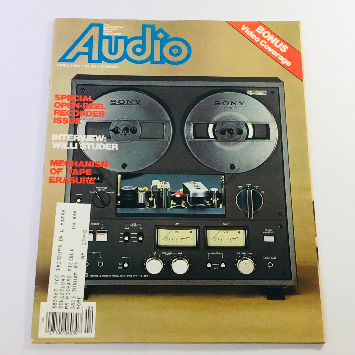 Cover of VTG Audio Magazine April 1981 featuring an open reel tape recorder and an interview with Will Studer, highlighting audio technology advancements.