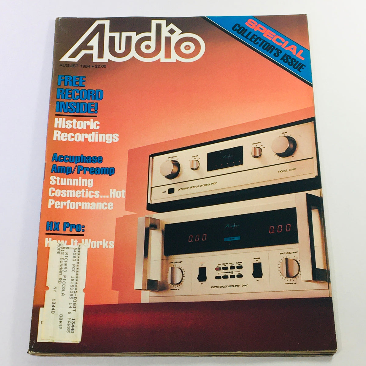 Vintage Audio Magazine August 1984 featuring Accuphase Amp and Preamp on the cover, showcasing historic recordings, audio technology details, and promotional highlights.