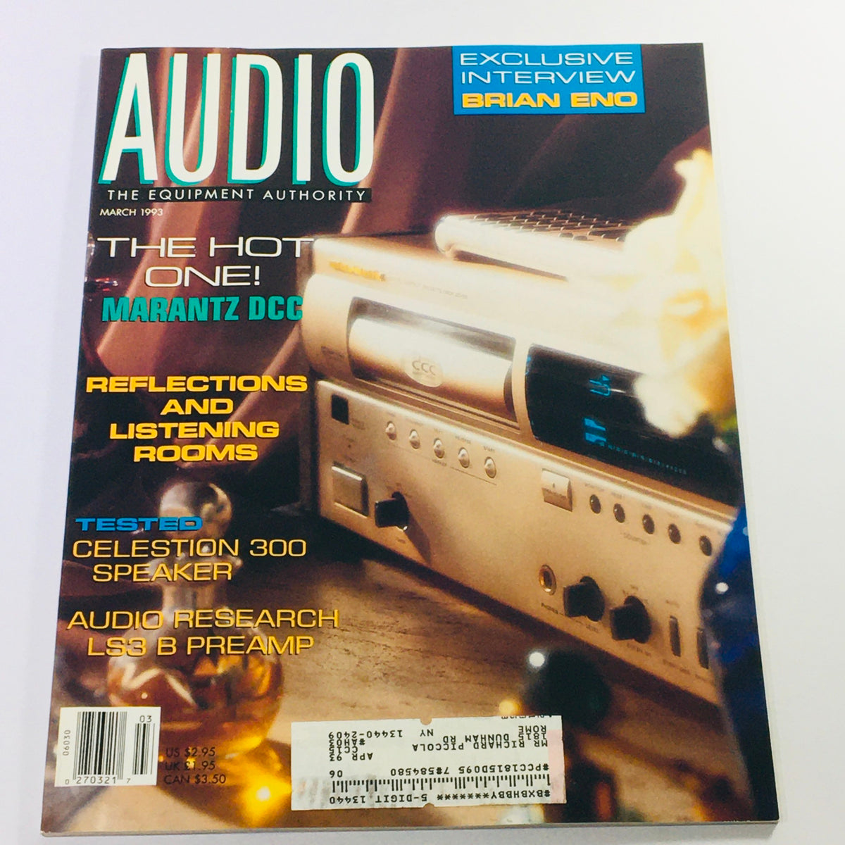 Cover of Audio Magazine March 1993 featuring an exclusive interview with Brian Eno and a tested review of the Celestion 300 speaker, showcasing audio equipment and vibrant design elements.