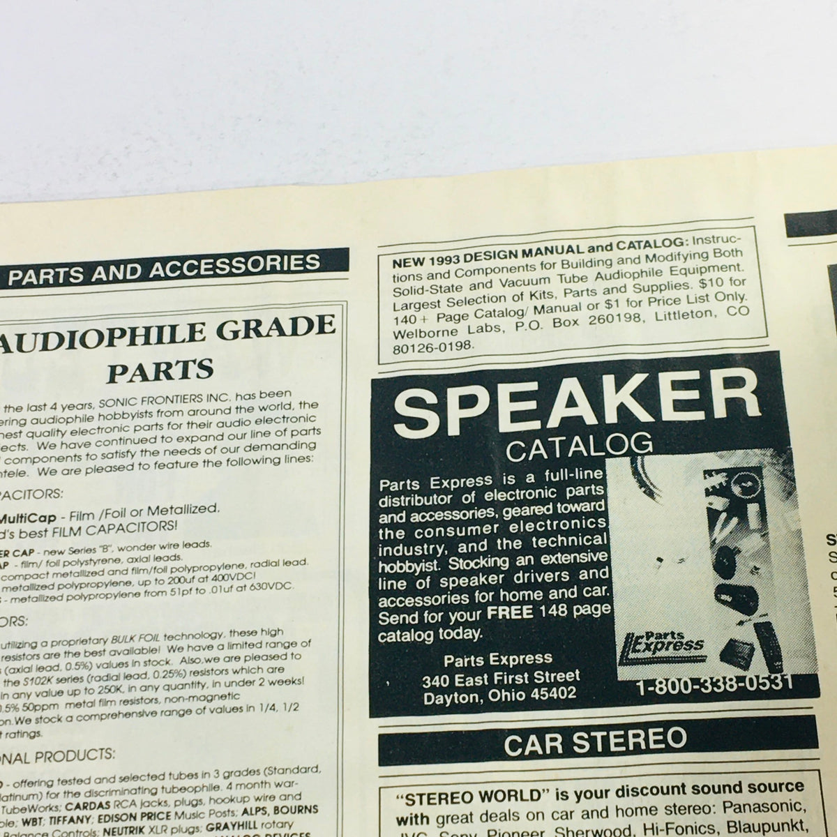Inside page of Vintage Audio Magazine April 1981 detailing parts and accessories for audiophiles, highlighting high-quality electronic components.