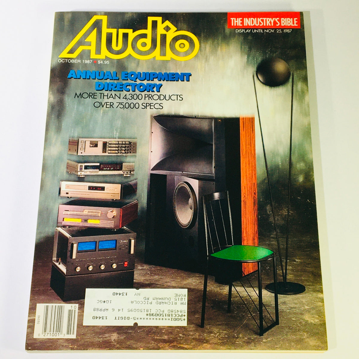 Cover of the VTG Audio October 1987 issue featuring the Annual Equipment Directory of Products and Specs, showcasing various audio equipment including cassette decks and speakers, highlighting over 4,300 products and 75,000 specifications.