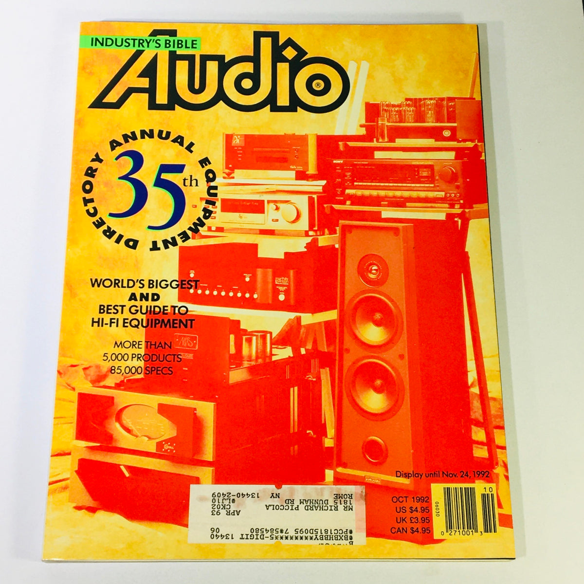 Cover of Audio October 1992 - 35th Annual Equipment Directory Guide to Hi-Fi Equipment featuring Hi-Fi speakers and audio equipment, showcasing the world's biggest guide to audio technology.