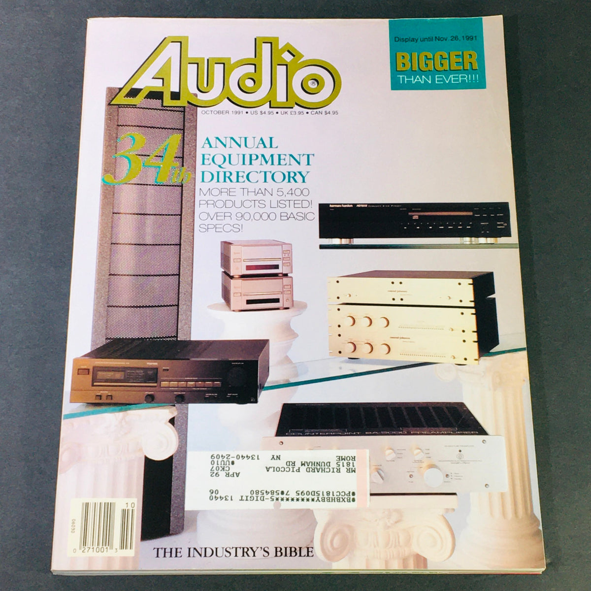 Cover of the Audio October 1991 - 34th Annual Equipment Directory featuring audio equipment photography and highlights of over 5,400 products listed, showcasing the magazine's role as a historical resource for audio technology.