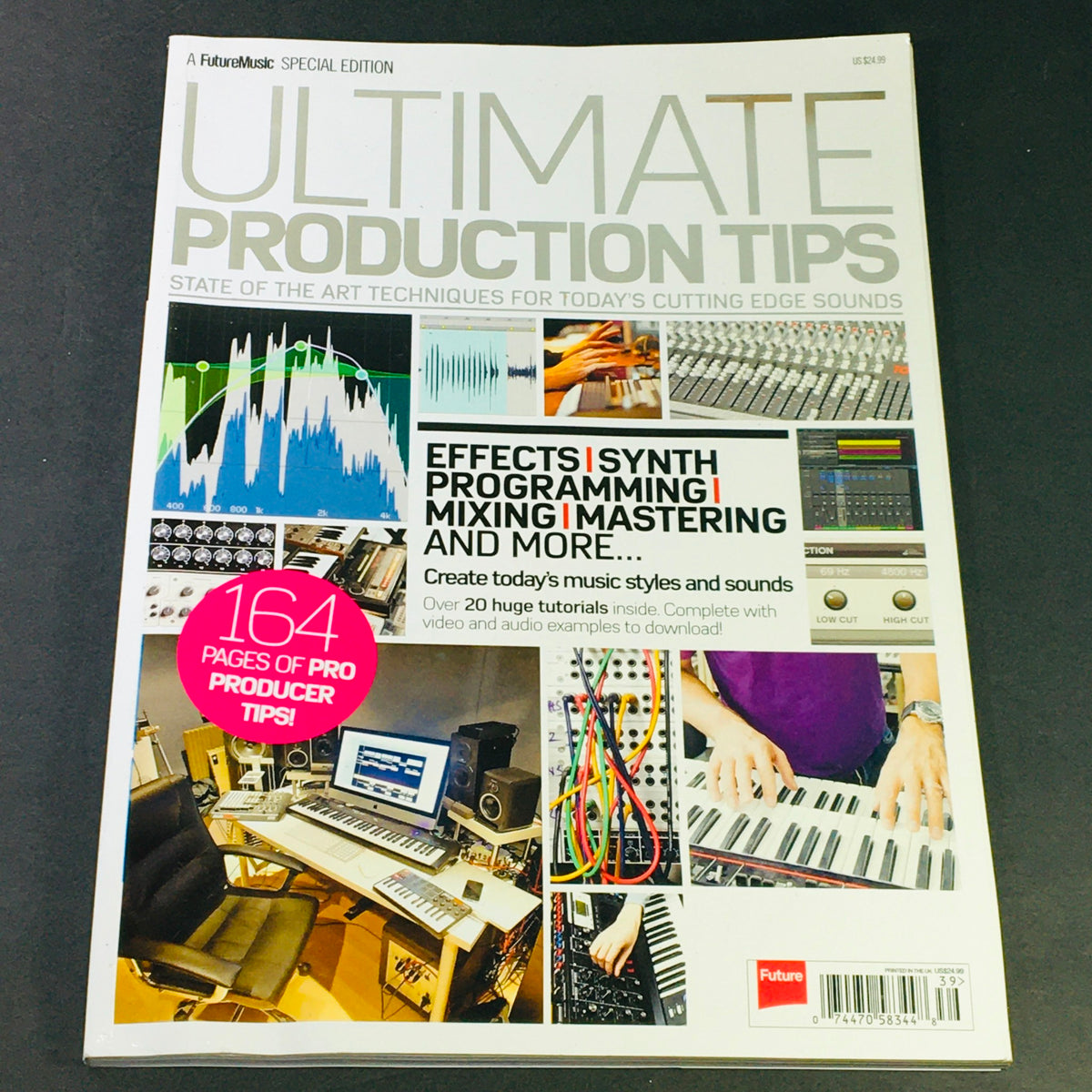 Cover of FutureMusic Ultimate Production Tips 2013 Effects, Synth, Mixing & Programming magazine showcasing electronic music production techniques with visuals of sound waves and audio equipment.
