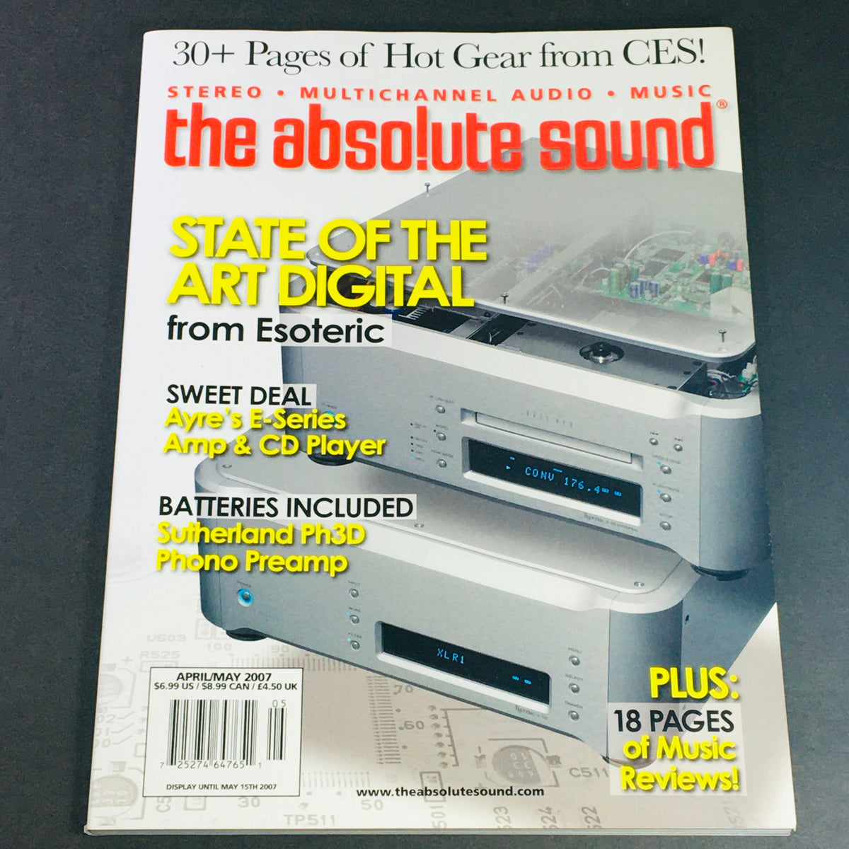 Cover of The Absolute Sound Vol 3 #9 April 2007, featuring 'State of the Art Digital' from Esoteric, with information on Sweet Deal Ayre's 5-Series Amp & CD Player, and Sutherland PhD Phono Preamp, showcasing audio equipment and music reviews.