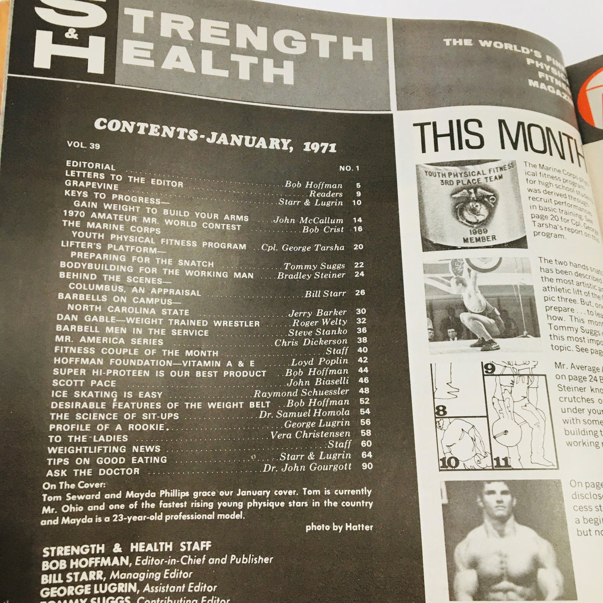 Contents page of Strength & Health Magazine January 1971, highlighting various articles on fitness, bodybuilding, and health.