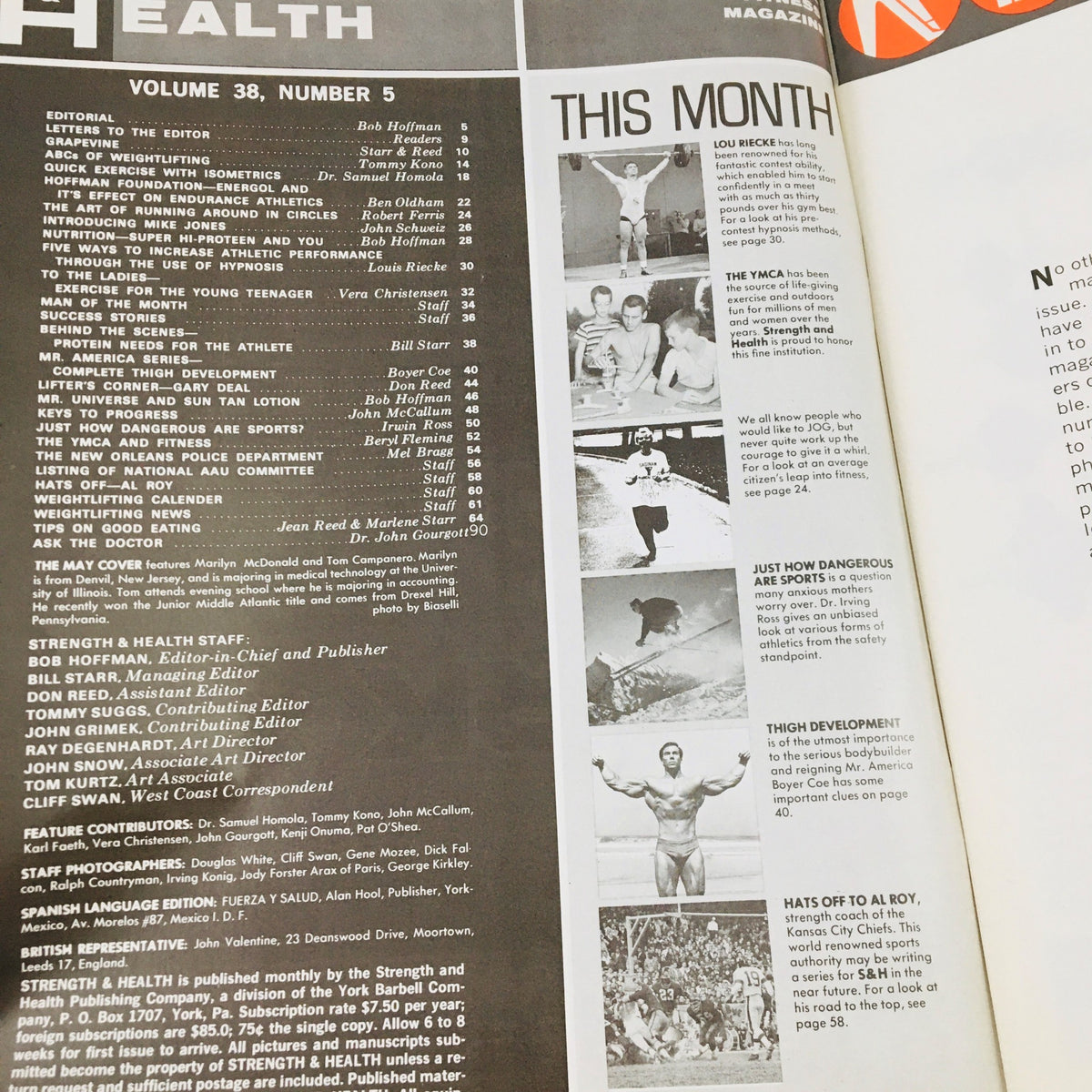 Strength & Health Magazine May 1970 interior page showcasing the table of contents and articles related to bodybuilding, fitness training, and health tips.