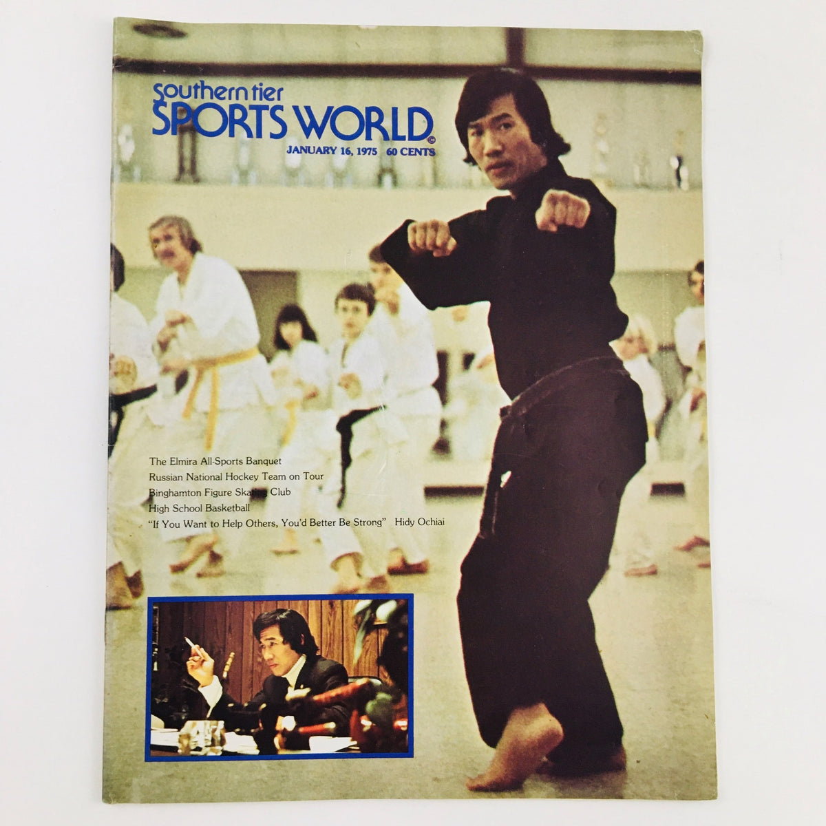 Cover of Southern Tier Sports World Magazine January 16, 1975 featuring Master Hidy Ochiai demonstrating martial arts moves, showcasing the era's sports culture.