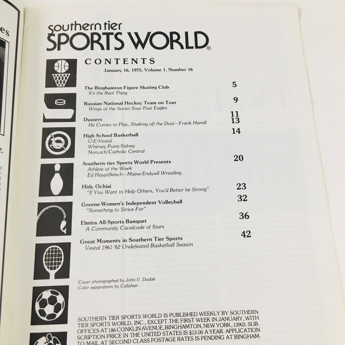 Contents page of Southern Tier Sports World Magazine January 16, 1975, listing featured articles including Hidy Ochiai and various sports topics.