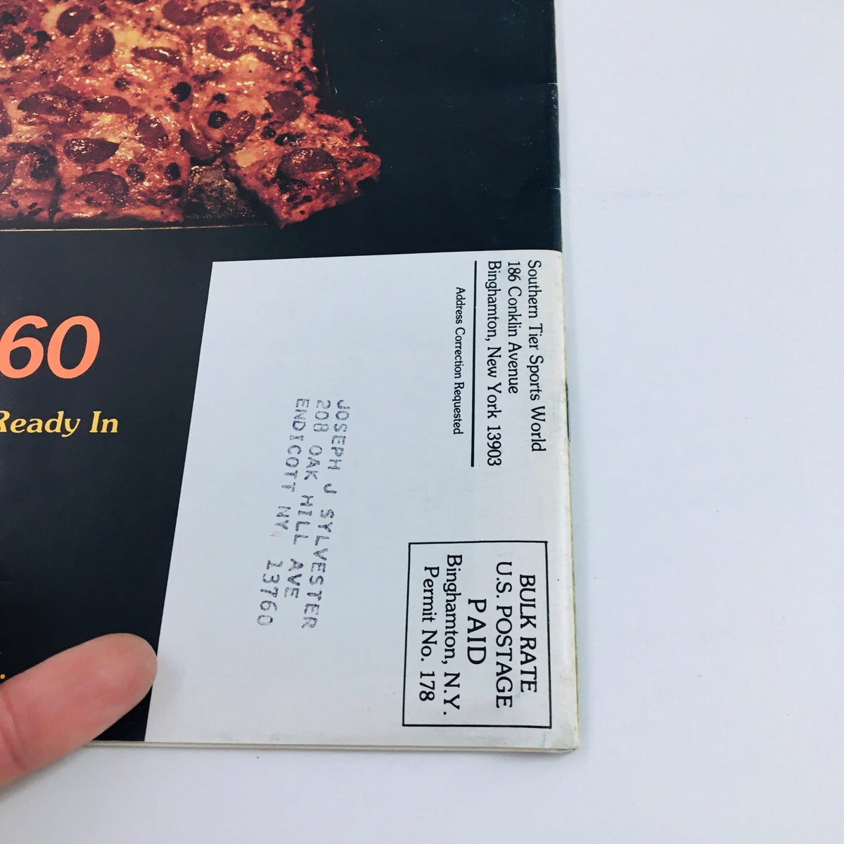 Address and postage details on the back cover of Southern Tier Sports World Magazine January 16, 1975, with visible mailing information and character marks.
