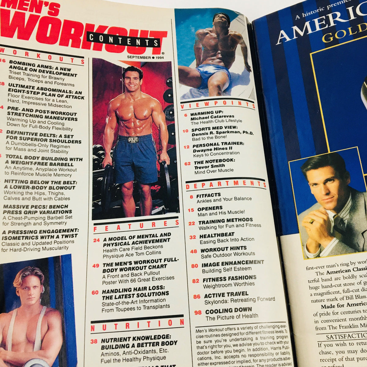 Contents page of Men's Workout Magazine September 1994 highlighting featured workouts, nutrition tips, and fitness insights from notable contributors.