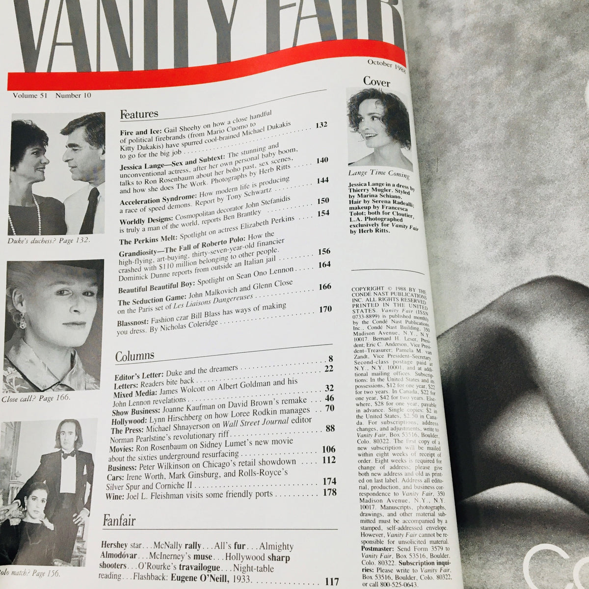 Interior page of Vanity Fair Magazine October 1988 including a feature on Jessica Lange, along with additional articles and a table of contents.