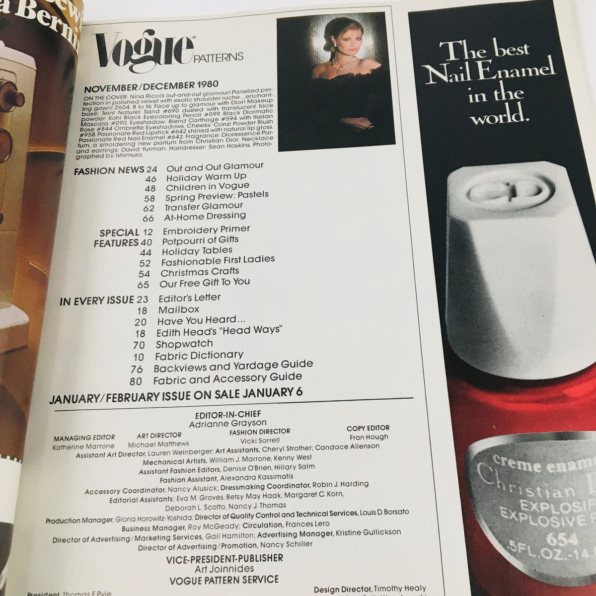 Inside page of Vogue Patterns Magazine November 1980 showing the contents list and additional fashion features of the issue.