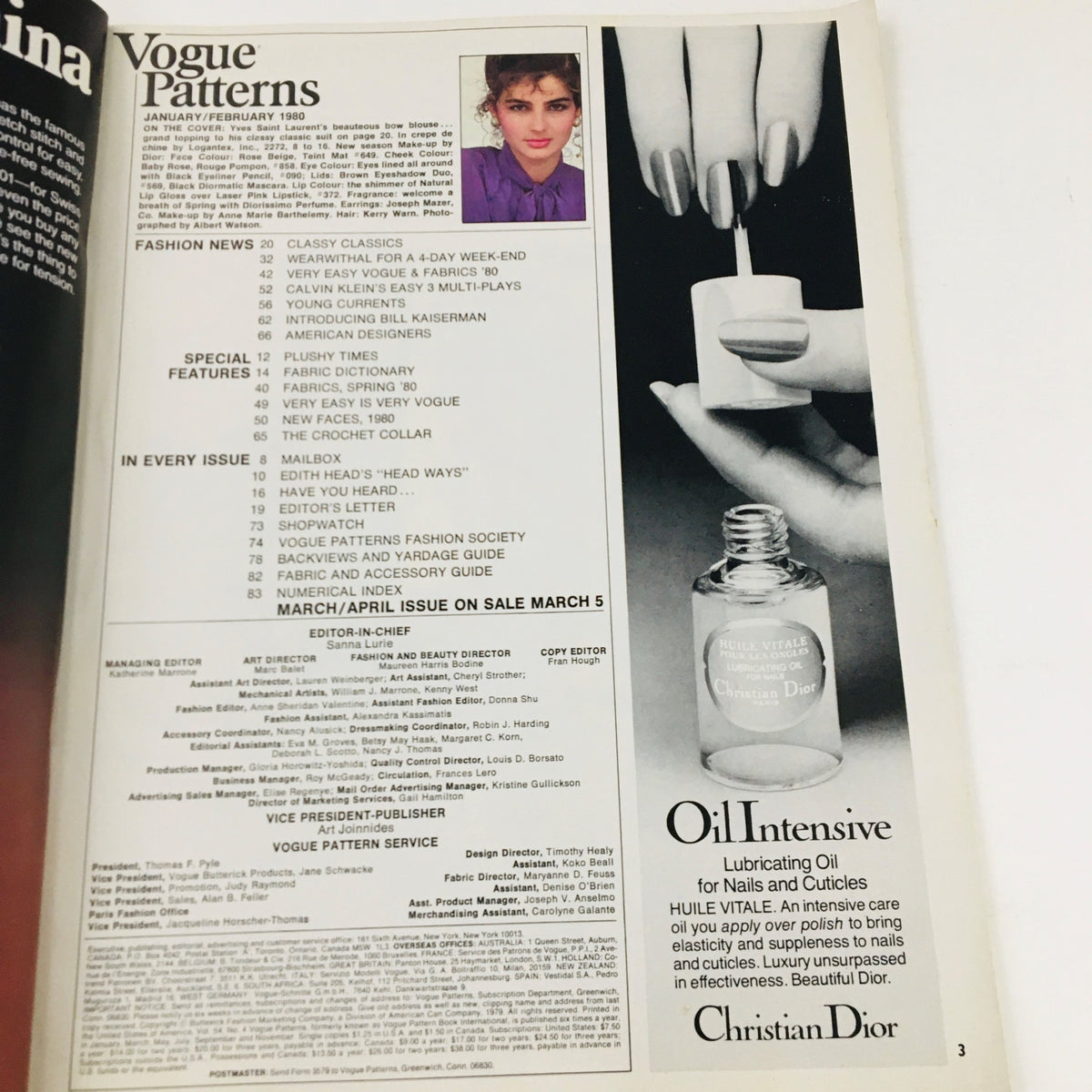 Vogue Patterns Magazine January 1980 featuring an editorial page with fashion content, including a model with styled hair and beauty products advertisement, showcasing Yves Saint Laurent's Bow Blouse.