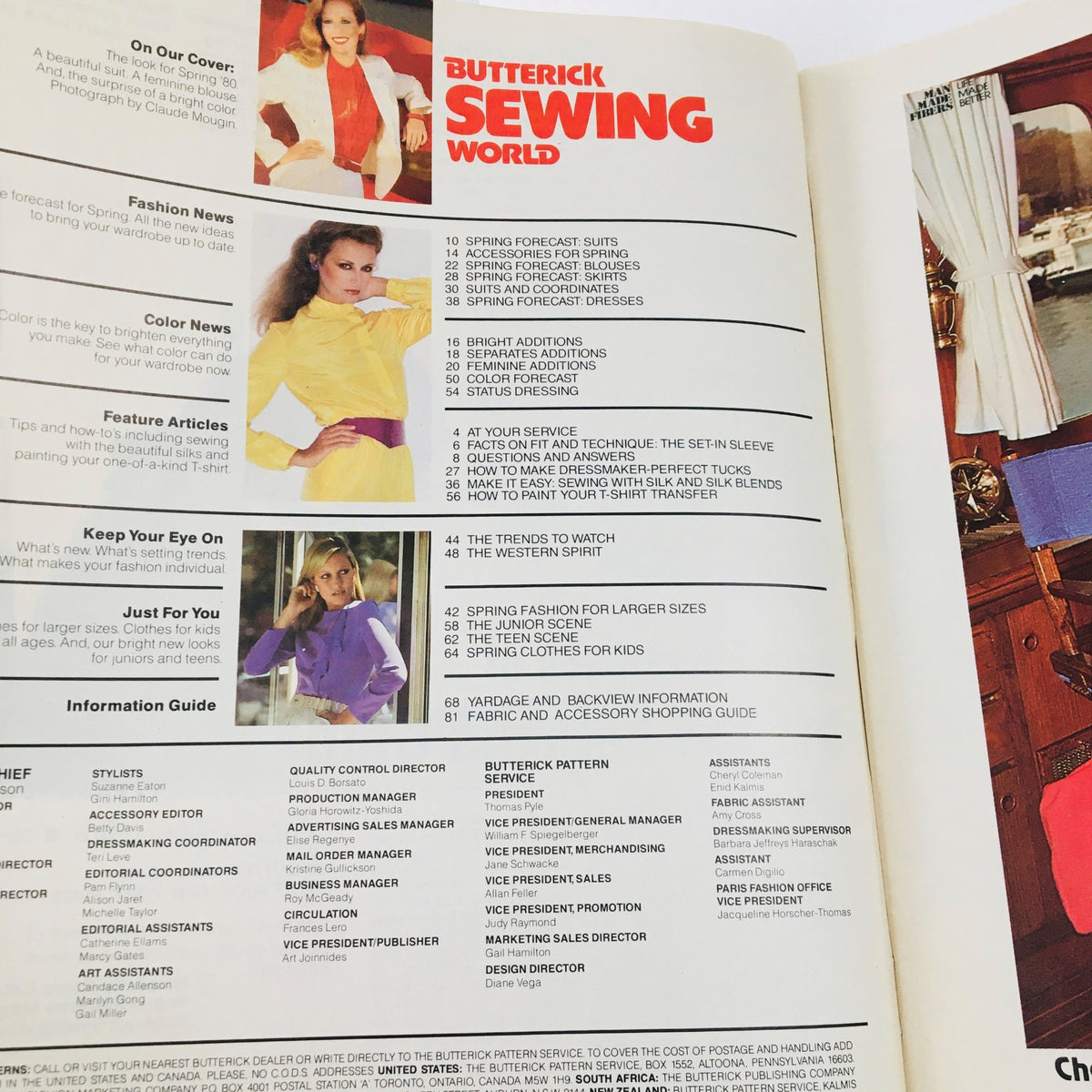 Inside page of Butterick Sewing World Magazine Spring 1980, displaying the table of contents with fashion forecasts and feature articles, reflecting the magazine's vintage sewing culture.